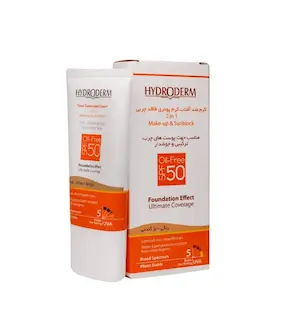 کرم ضدآفتاب کرم پودری هیدرودرم بژ گندمی فاقد چربی مناسب پوست‌های چرب و مختلط دارای SPF50 حجم 50 میلی لیتر