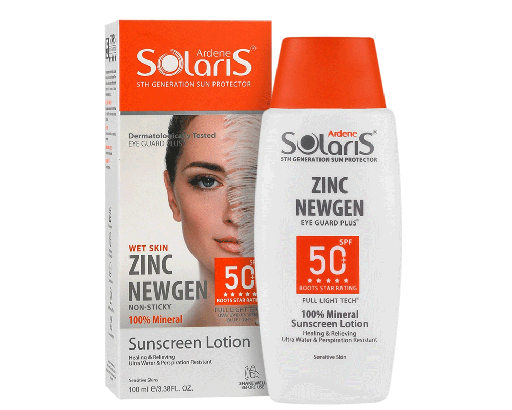 لوسیون ضدآفتاب آردن سولاریس مدل زینک نیوژن دارای +SPF50 مناسب پوست حساس حجم 100 میلی لیتر