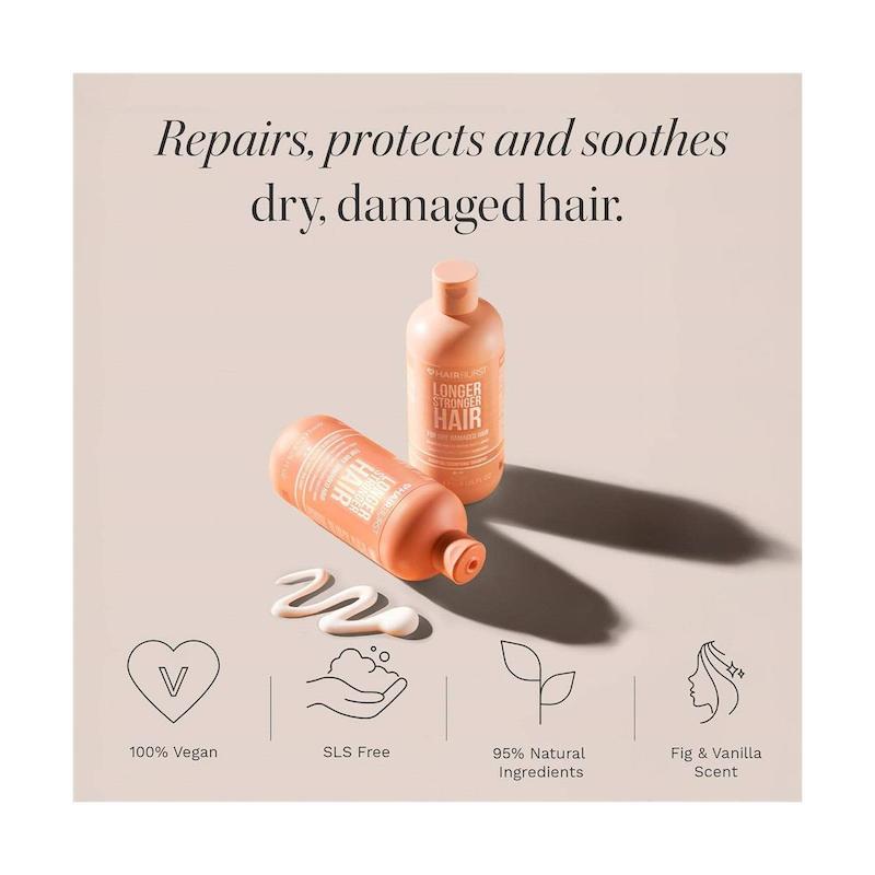 شامپو هیربرست نارنجی مخصوص موهای خشک و آسیب‌دیده مدل LONGER STRONGER HAIR حجم 350 میلی لیتر