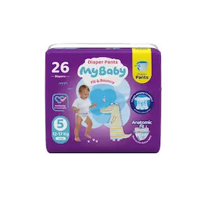 پوشک شورتی کانال‌دار مای بیبی مدل پول آپ سایز ۵ مخصوص 12-17 کیلوگرم بستۀ ۲۶ عددی